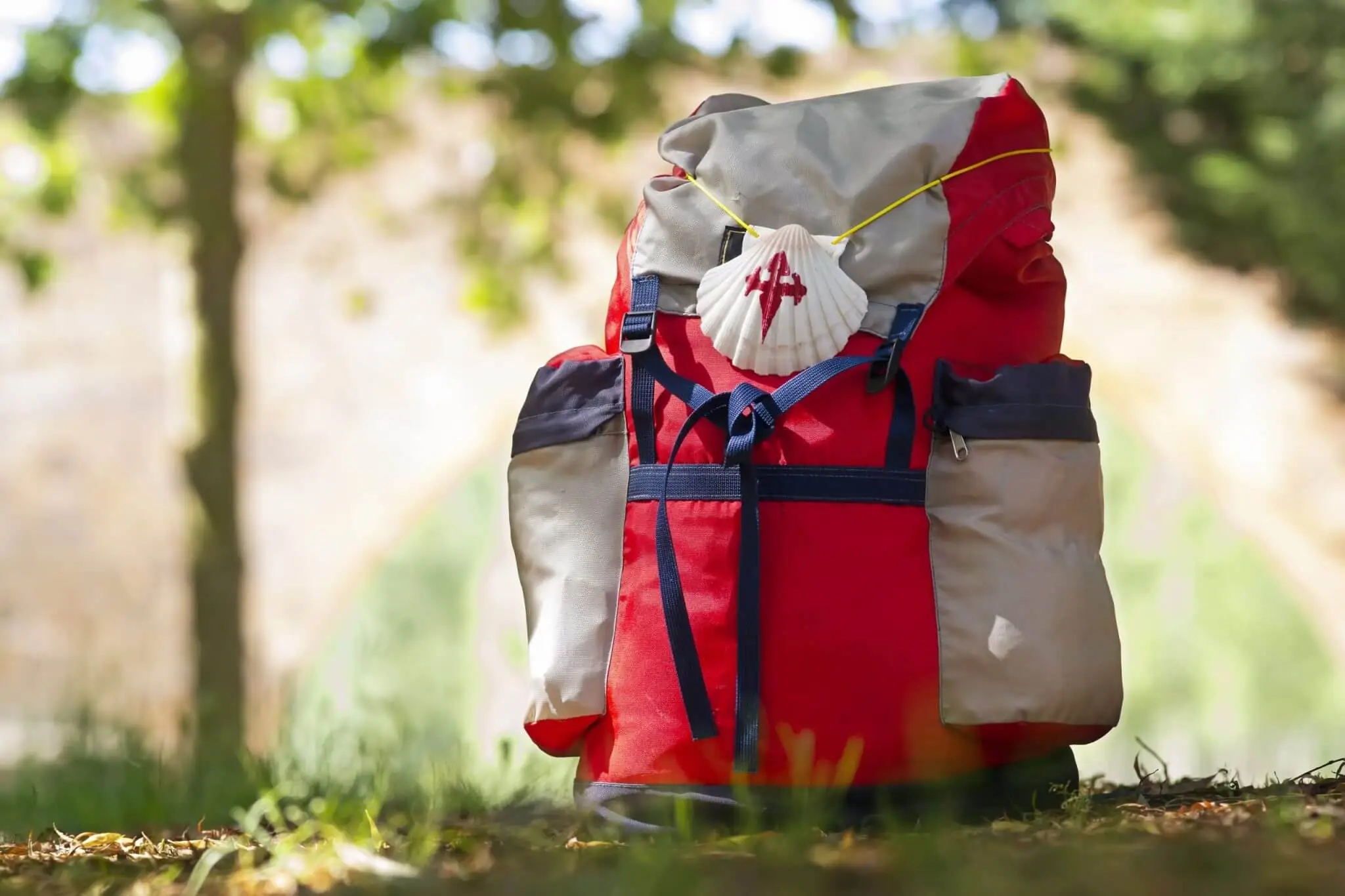Way of St James , Camino de Santiago ,scallop shell on backpack to Compostela , Galicia, Spain