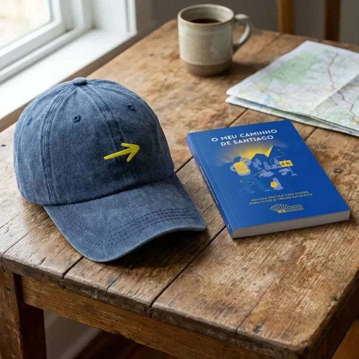 Boné da Seta Amarela em cima de uma mesa com o Livro Guia "O Meu Caminho de Santiago"