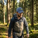 Peregrino a usar o Boné da Seta amarela numa zona de floresta do Caminho Português de Santiago.
