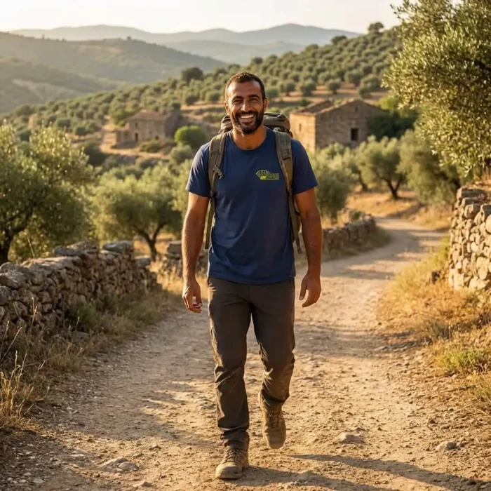 Peregrino feliz e sorridente no caminho central Português a usar a T-shirt do Caminho Português de Santiago.