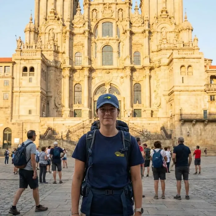 Peregrina feliz por ter chegado à praça de Obradoiro em Santiago de Compostela a usar o Boné da Seta amarela e a T-shirt da Comunidade do Caminho Português de Santiago.