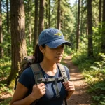 Peregrina a usa o Boné da Seta amarela no meio da Floresta do Caminho Central Português