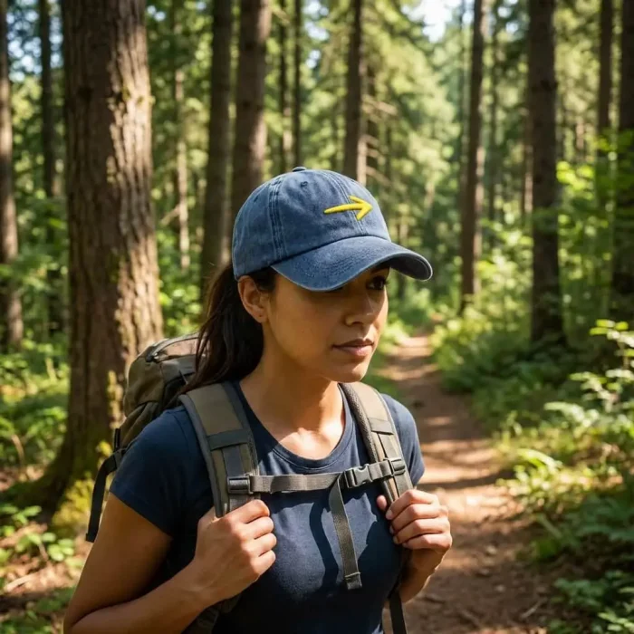 Peregrina a usa o Boné da Seta amarela no meio da Floresta do Caminho Central Português