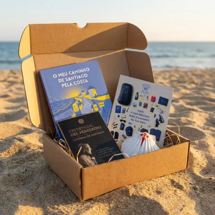 O Kit O Meu Caminho Pela Costa ainda dentro da caixa na praia com o Guia do Caminho da Costa, o postal com a credencial, o postal da Checklist e a vieira do peregrino,