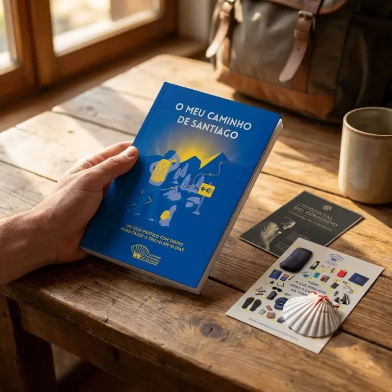 Peregrino a seguir o guia O Meu Caminho Português Central, com a Credencial, o postal da checklist e a Vieira ao lado.