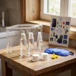 Plano aproximado do Necessaire Ultreya com todos os componentes fora da bolsa. O Necessaira é composto por duas embalagens de líquidos, duas caixinhas pequenas, uma venda para os olhos, os tampões para os ouvidos, e o postal checklist .