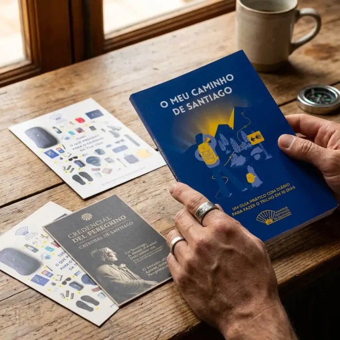 Peregrino que recebeu o Kit O meu primeiro Caminho com o Livro Guia do Caminho Central Português, a Credencial e o Postal da Cecklist.