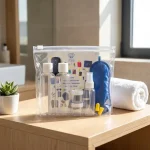 Plano aproximado do Necessaire Ultreya numa casa de banho, composto por duas embalagens de líquidos, duas caixinhas pequenas, uma venda para os olhos, os tampões para os ouvidos, e o postal checklist