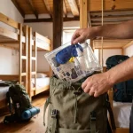 Peregrino num albergue a colocar o Necessaire Ultreya na Mochila.