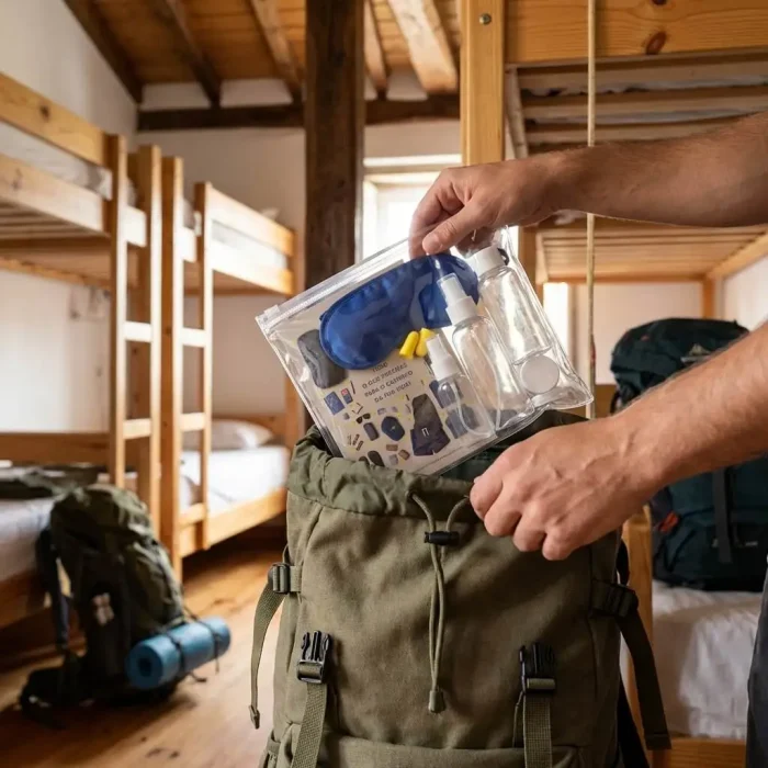 Peregrino num albergue a colocar o Necessaire Ultreya na Mochila.