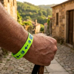 Pulseira verde de peregrino num braço com bastão