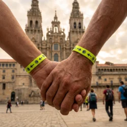 Duas pessoas de mãos dadas com pulseiras em frente à Catedral