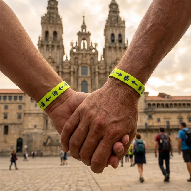 Duas pessoas de mãos dadas com pulseiras em frente à Catedral