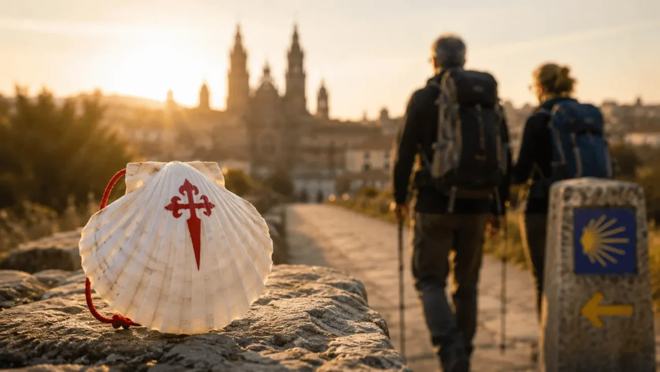 Vieira do Peregrino e peregrinos a caminho de Santiago de Compostela
